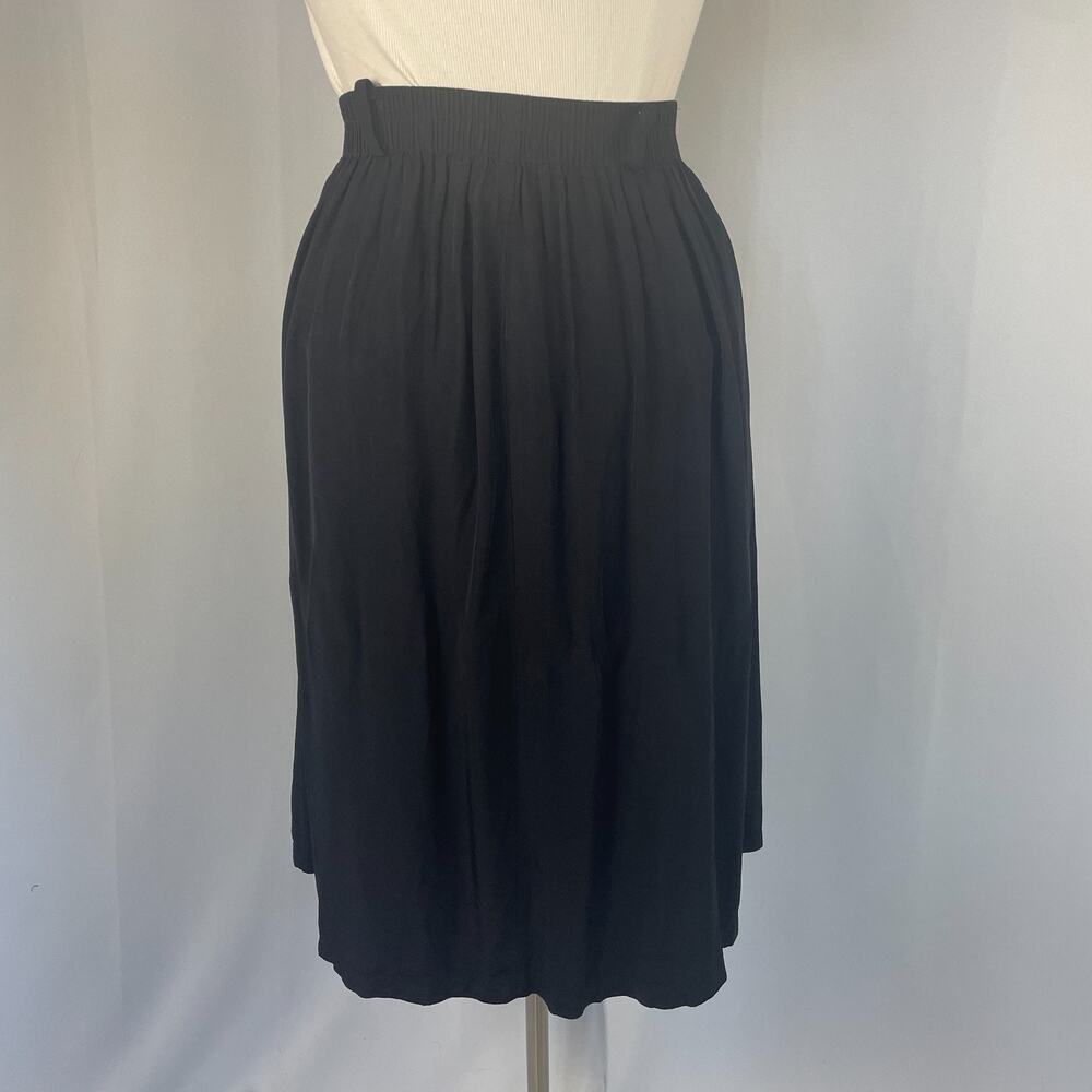 Vintage Pleated Skirt Size 16 Black Solid Midi ALine Minimal Academia Office 90s - Picture 7 of 13